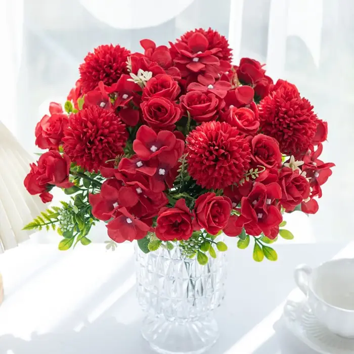 Fleur artificielle Soie Rose Chrysanthème Mariée Bouquet De Mariage En Plein Air Jardin Maison Vase Décor De Table Couronne BRICOLAGE Cadeau Accessoire