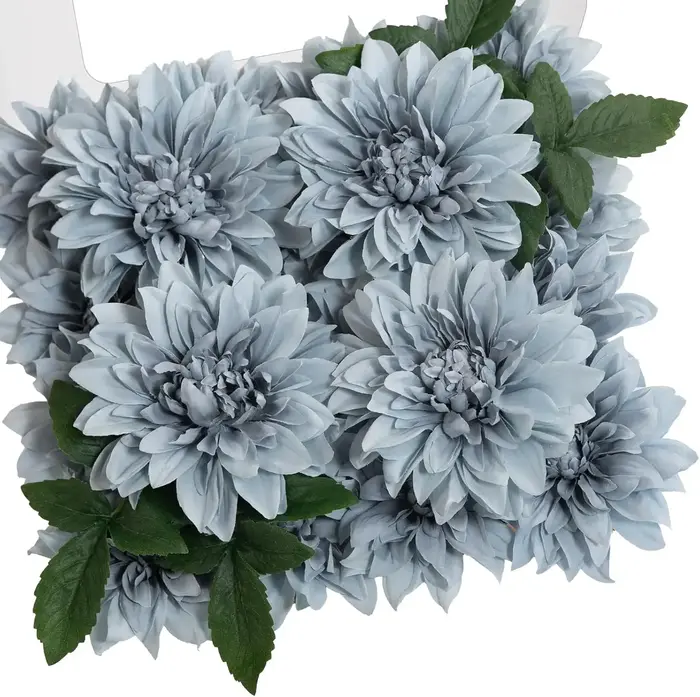 Yannew 20 pièces fleurs de Dahlia artificielles bleu poussiéreux avec tige boîte combinée pour brico