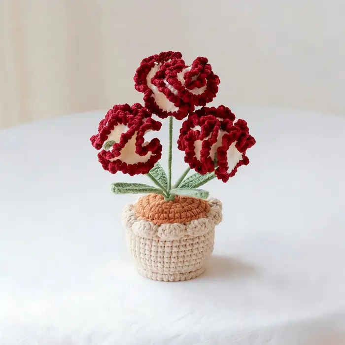 Plante en pot de carnations en laine crochetée à la main, fleur artificielle, décoration d'intérieur