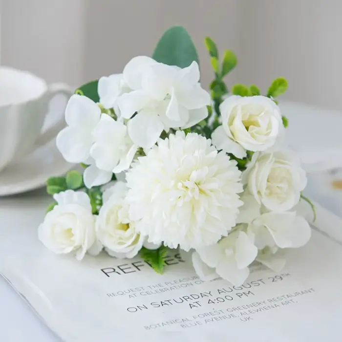 Fleur artificielle Soie Rose Chrysanthème Mariée Bouquet De Mariage En Plein Air Jardin Maison Vase