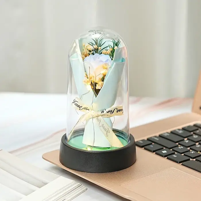 Bouquet de roses éternelles en forme de dôme en verre LED