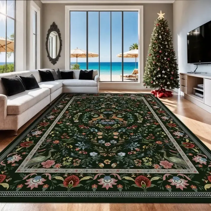 Tapis en feutre grand format vert foncé vintage