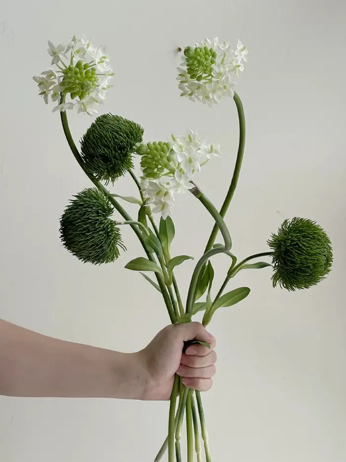 Bouquet de fleurs artificielles vert et blanc, bouquet artificiel vert printanier, arrangement flora
