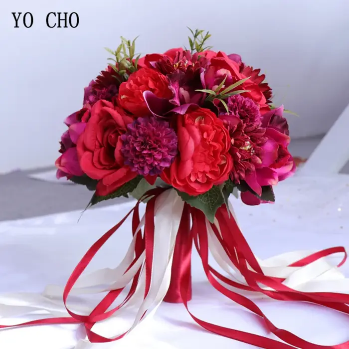 YO CHO Bouquet de fleurs de mariée fournitures de mariage artificielle soie Rose pivoine fleur Bouquet de mariage Dahlia orchidée Bouquets de qualité