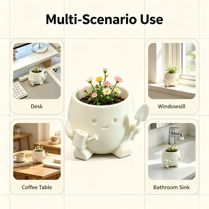 Mini pot de fleurs créatif en forme de jardinier de dessin animé avec visage souriant, ornement de bureau créatif, décoration pour la maison et le bureau, cadeau pour ami.