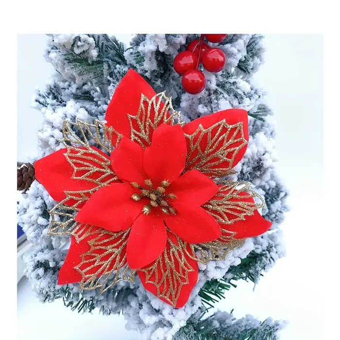 Paquet de 24 décorations de fleurs artificielles de noël Poinsettia en tissu pour arbre