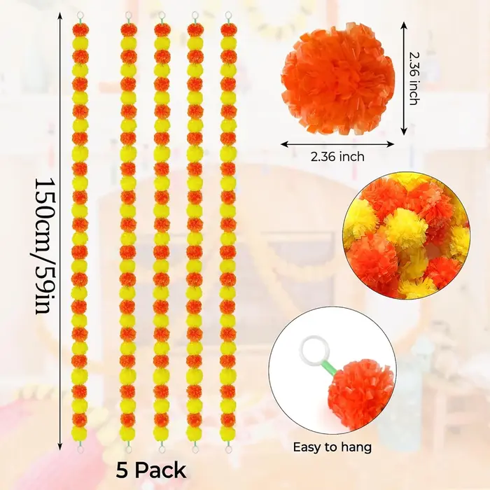 Guirlande de fleurs artificielles de marguerites, 5 pièces, 150cm, guirlande florale suspendue pour décoration de fête de mariage, décoration de maison Diwali, fausses guirlandes