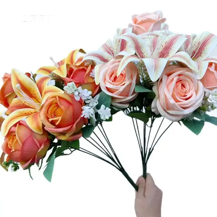 Bouquet de Couleurs Printanières : 9 Tiges de Roses et Lys Mixtes