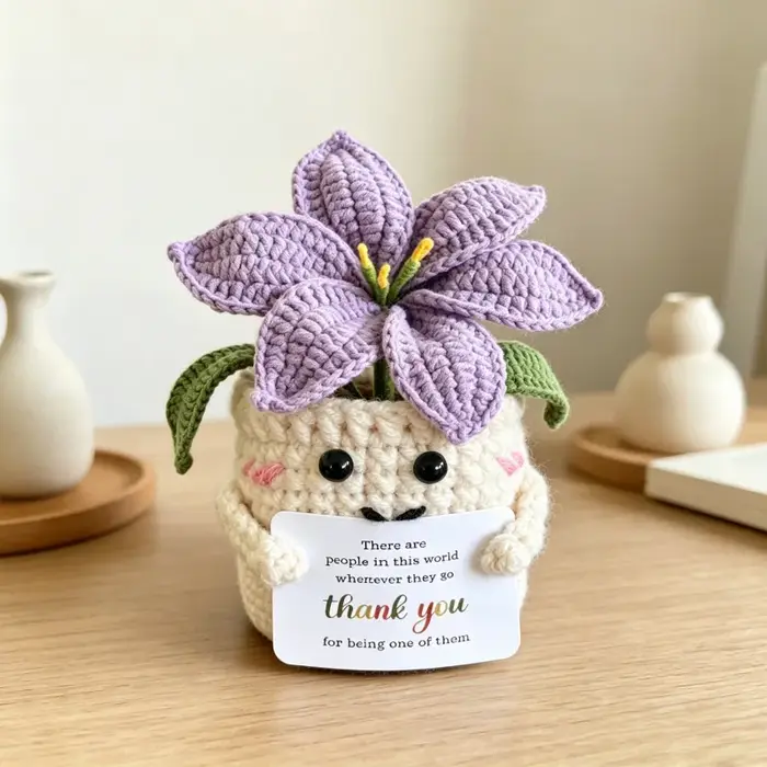 Plante en pot de lys tricotée à la main, pot de fleurs au crochet, ornement de bureau, décoration florale tissée finie pour la maison, le bureau ou comme cadeau
