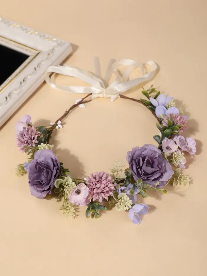 Couronne de fleurs artificielles vintage rose taro, style forêt, avec ruban, pour mariée, robe de ma