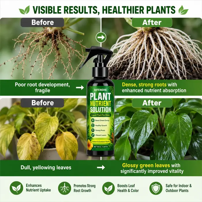 Engrais liquide universel pour plantes, favorise la croissance des racines et des feuilles vertes, idéal pour la revitalisation des plantes en pot d'intérieur.
