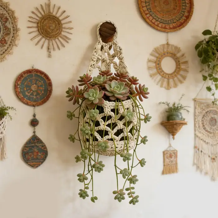 Support mural en macramé de coton fait main