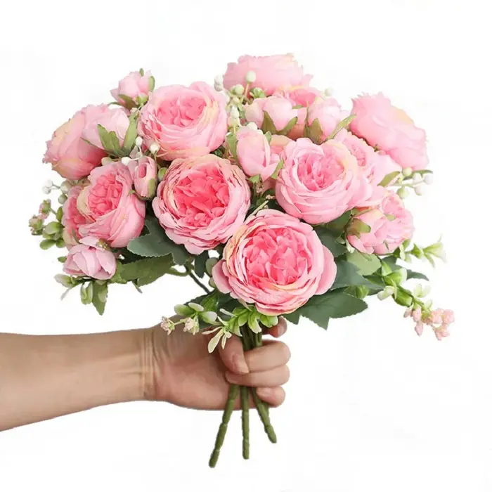 1 Bouquet de 9 Têtes de Fleurs Artificielles en Soie (Pivoine