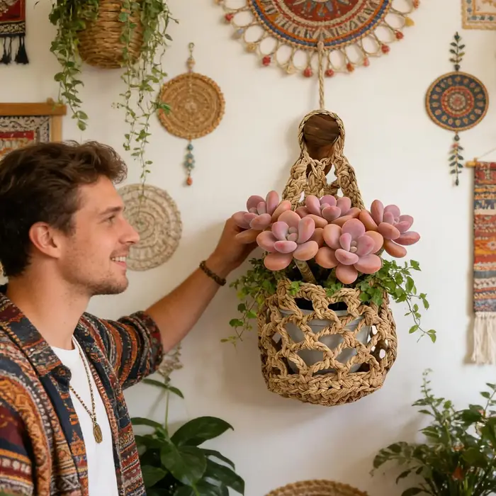 Support mural en macramé de coton fait main