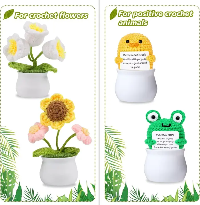 Lot de 12 petits pots blancs de 2 pouces en plastique avec mousse et gazon artificiel pour fleurs au crochet