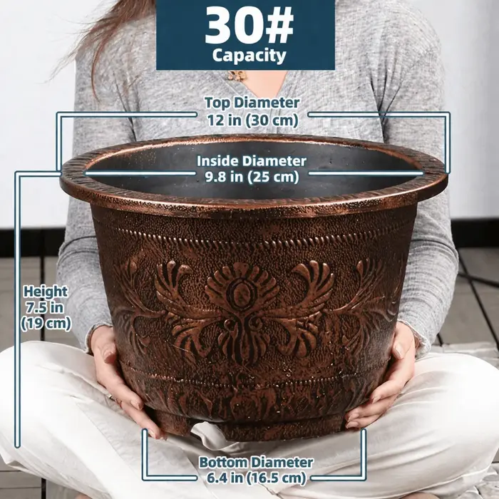 Pot de fleurs en résine Lotus, capacité 7,5 L, hauteur 19 cm, réservoir d'eau, grand pot de fleurs rétro en cuivre bronze, utilisation en intérieur