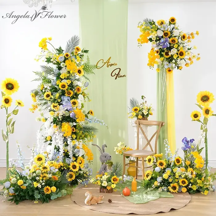 Arrangement de fleurs suspendues orchidées tournesol jaune