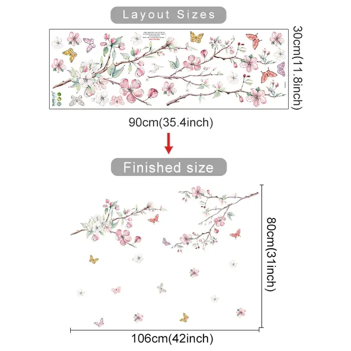 Autocollants muraux aquarelle fleurs roses, branche d'arbre en fleurs, papillon, pour chambre d'enfa