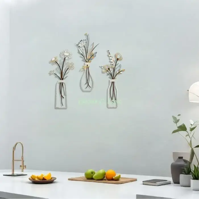 X90f 3 pièces Contemporain Flower Mur Sculpture Set Metal Vases