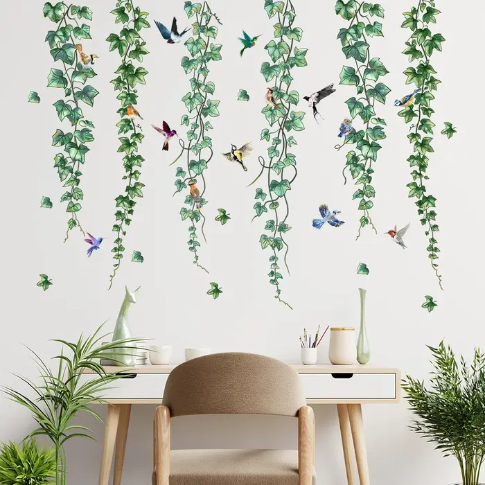 Plantes vertes vignes fleurs papillons autocollants muraux chambres d'enfants autocollants muraux po