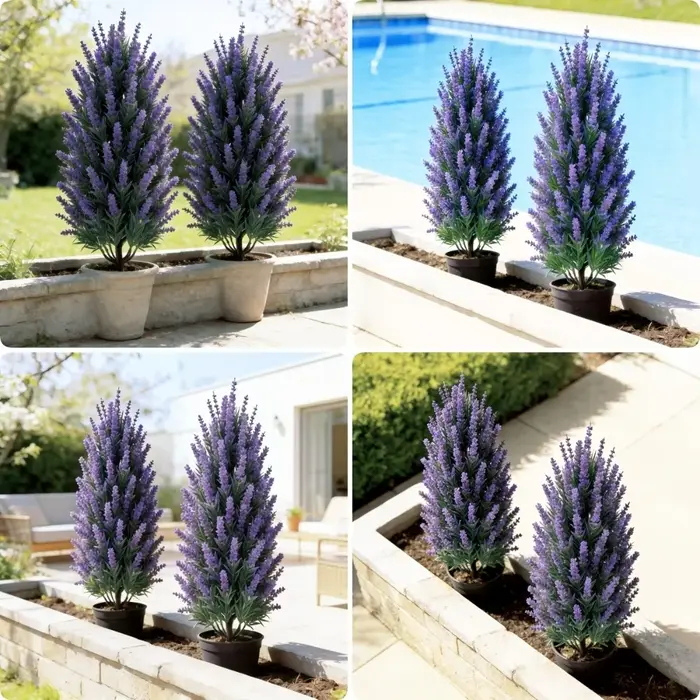 2 arbres artificiels de lavande violette pour extérieur avec piquets de fixation pour toiles de fond de mariage