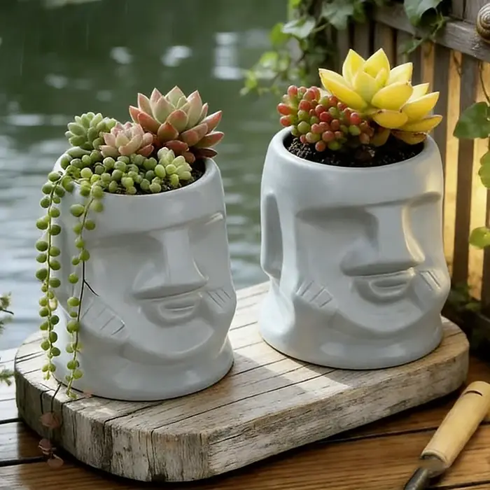 Pot de fleurs en céramique créatif en forme de visage de Moaï