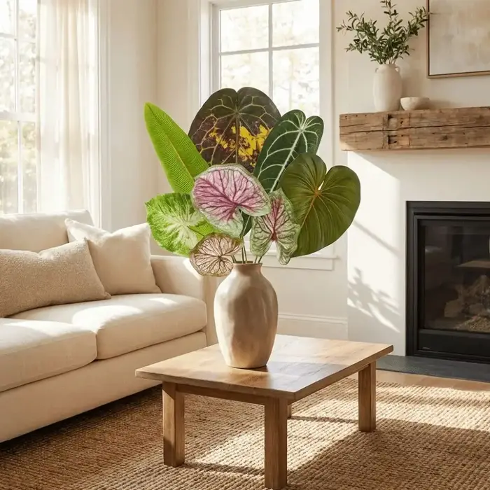 Feuilles artificielles en plastique de calla, plantes vertes, feuilles de fougère réaliste, feuilles de bananier non-décolorantes, décoration intérieure