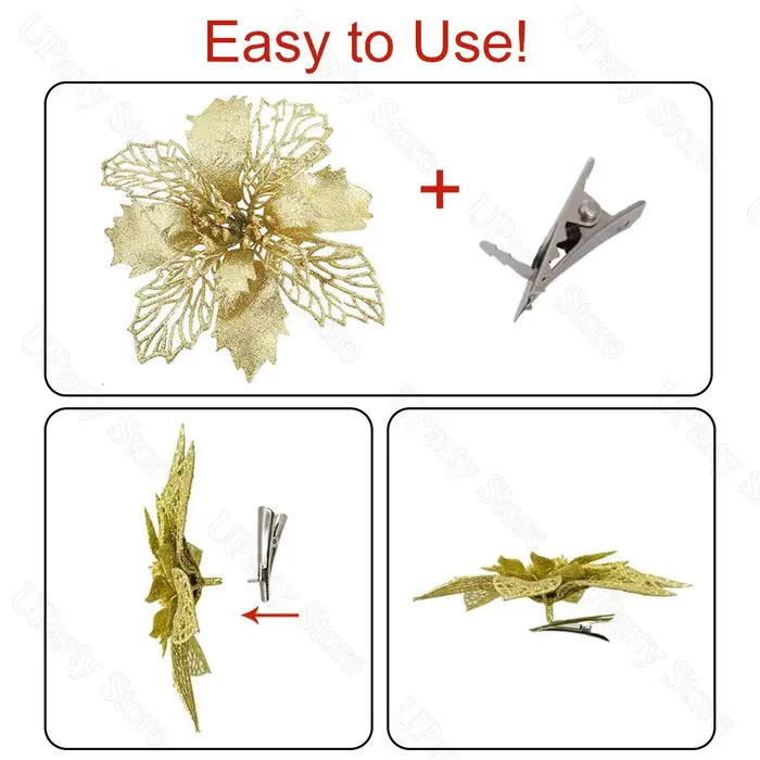 12 pièces Poinsettia fleurs de noël avec Clips paillettes or