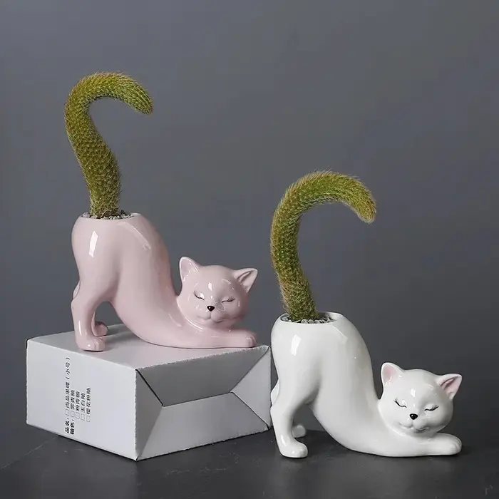 Pot de fleurs en céramique en forme de chat créatif et mignon