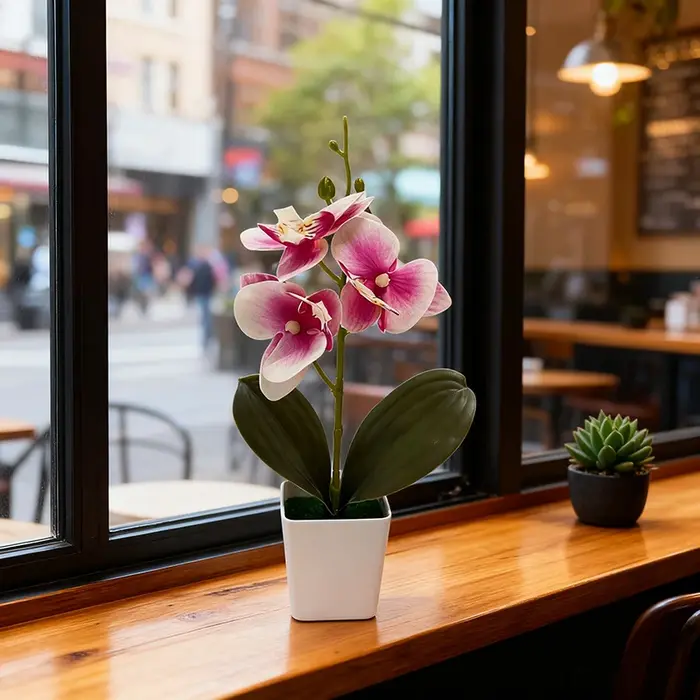 Nouvelle Décoration Florale Artificielle en Pot de Céramique avec Trois Orchidées Papillon pour Café