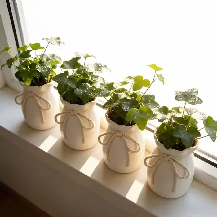 Petits pots de fleurs blancs avec nœud en jute
