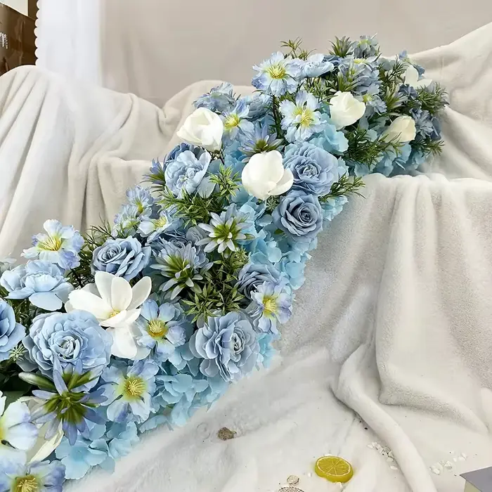 Uflower 200cm Chemin de table en fleurs artificielles bleues élégantes, fond de scène artificiel pou