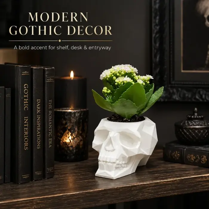 Pot de fleurs en forme de crâne, pot de fleurs gothique en polygone bas pour plantes succulentes, décoration intérieure pour étagère de bureau, cadeau de décoration pour Halloween.
