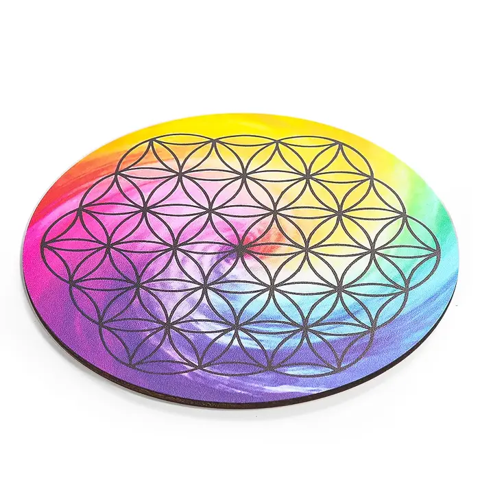 Planche de Mandala arc-en-ciel imprimée fleur de vie, planche de bois, méditation, énergie Reiki, grille en cristal, Base, pendule de guérison, accessoire