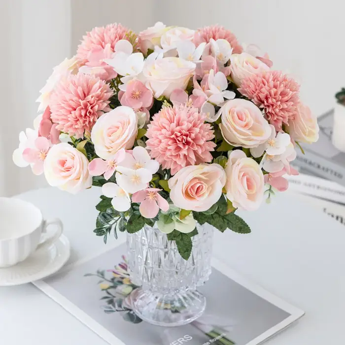 Fleur artificielle Rose chrysanthème soie bouquet de mariée mariage extérieur jardin arc saint valentin maison vase table bricolage cadeau décor