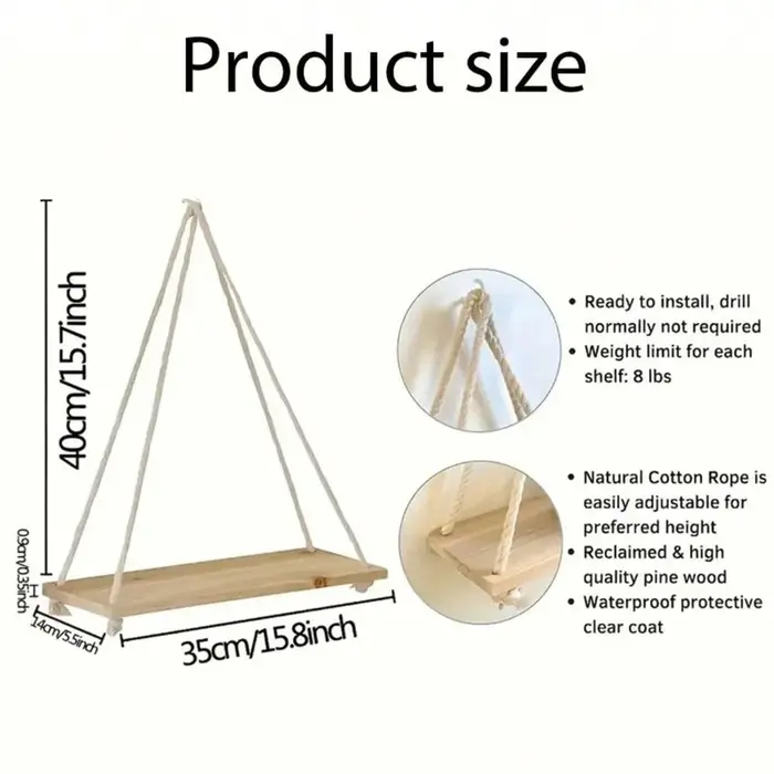 1pc Étagère murale suspendue en bois avec corde de chanvre