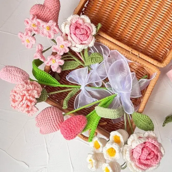 E8BD – Bouquet fleurs artificielles Crochet, pour mariage, saint-valentin, Thanksgiving