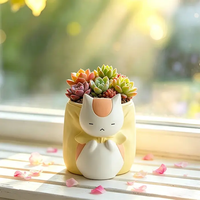 Pot de fleurs en résine chat bouffon endormi