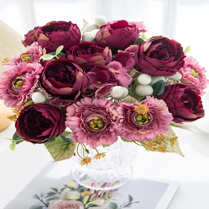 Fleurs artificielles Vénus rose Bouquet Soie