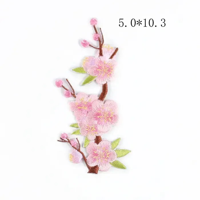 Appliques brodées de fleurs roses avec branche pour vêtements