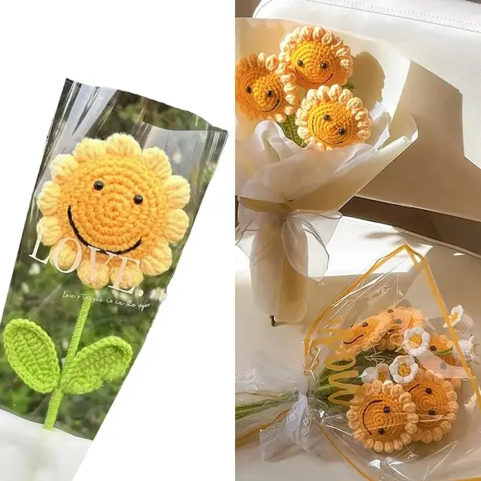 Bouquet de tournesol au crochet en laine fait à la main – 1 branche unique avec visage souriant