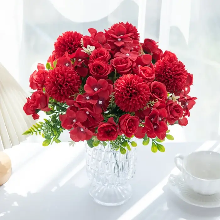 Fleurs artificielles Rose chrysanthème soie Bouquet saint valentin mariage extérieur cour jardin arc décor maison chambre guirlande accessoires