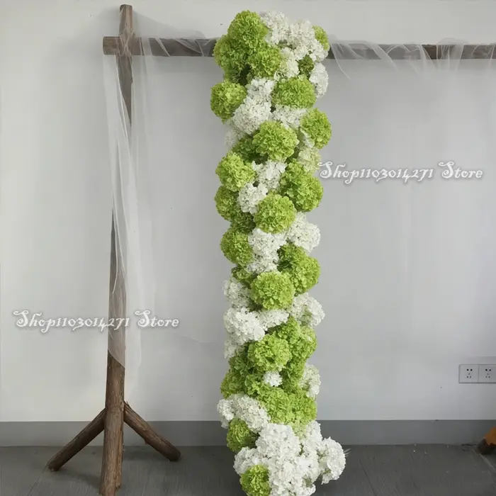 Hortensia vert mariage toile de fond arc fleur coureur KT conseil décor rangée florale fleurs boule Arrangement affichage événement fête accessoires