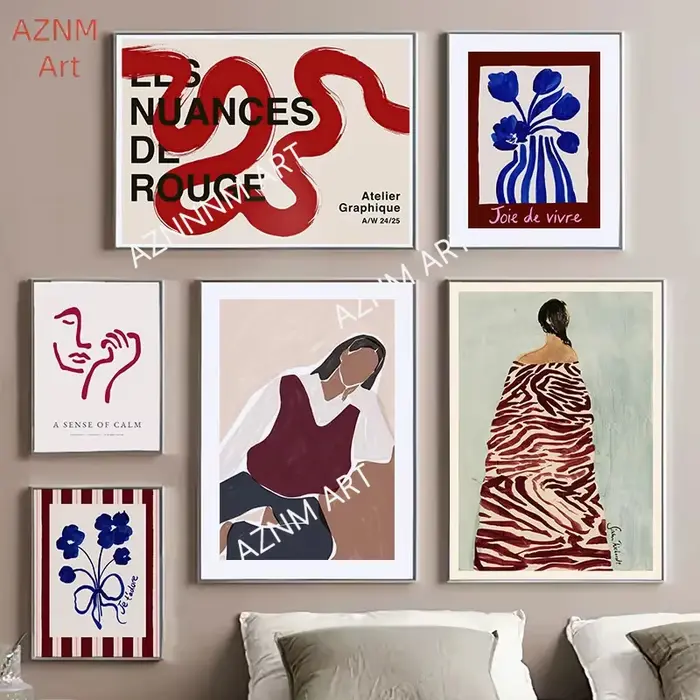 Affiches et impressions abstraites de visage de fille à rayures rouges et à fleurs