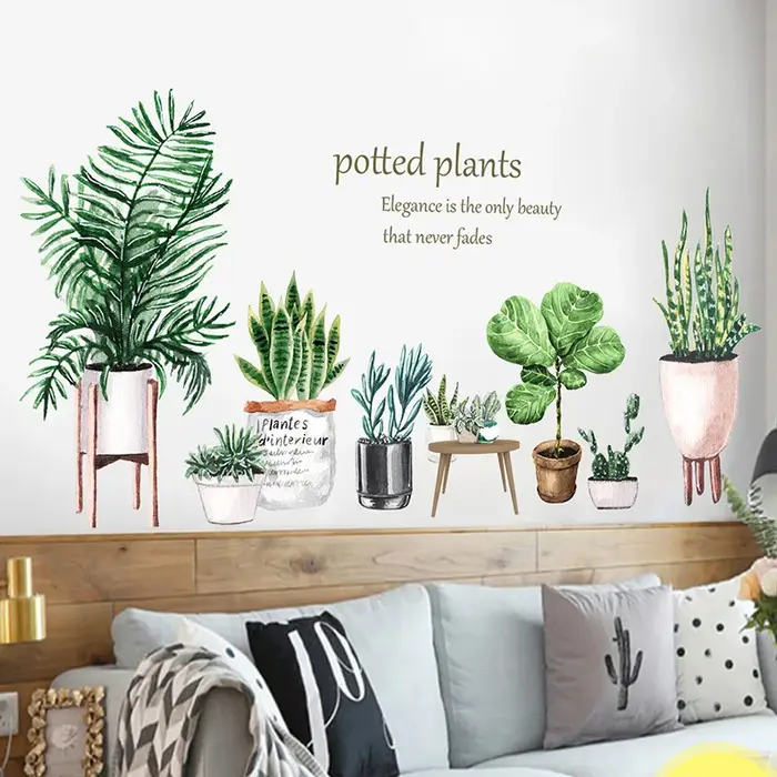 Autocollant mural amovible motif cactus en pot pour plinthe, décoration de cuisine, salon, et décalc