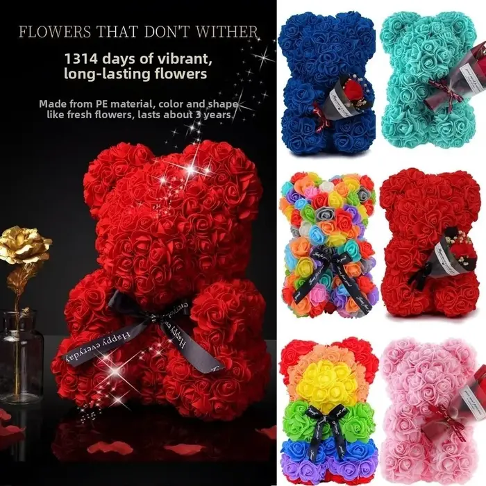 Fleur artificielle multicolores de haute qualité 15*15*22cm/16*16*24cm Rose éternelle arc-en-ciel Ours Cadeau d'anniversaire pour petite amie