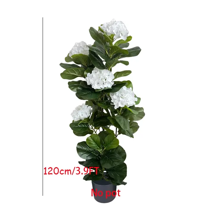 Arbre artificiel en figuier à feuilles de violon de 1,20 m de haut avec des fleurs d'hortensia blanc