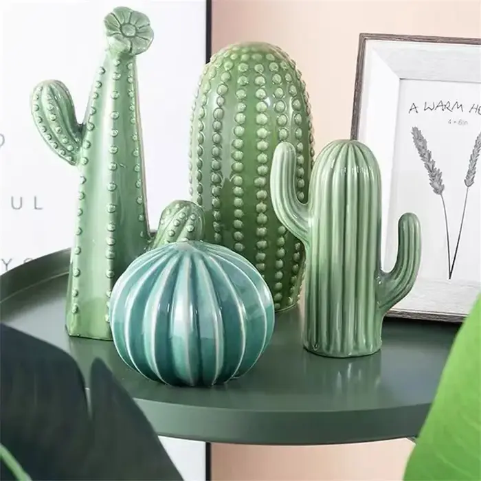 Ornement en céramique vert cactus figue de Barbarie, style minimaliste nordique, artisanat artistique, décoration de bureau, hall d'entrée, salon, décoration intérieure