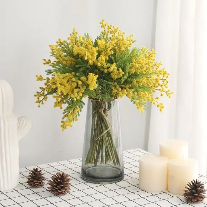 Faux arbre à mimosa blanc pour décoration intérieure, branche de fleurs artificielles, fausse plante, fausse fleur, fausse acacia