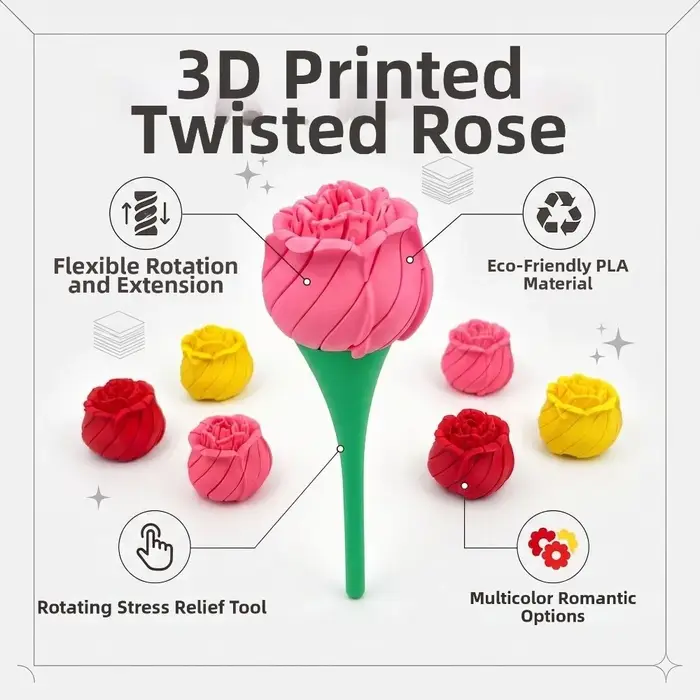 Rose torsadée imprimée en 3D, fleur romantique et déformable, jouet anti-stress, cadeau original, décoration de bureau.